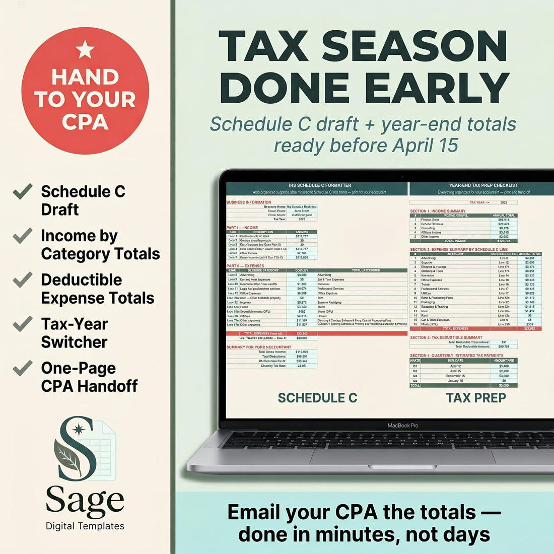 Schedule C bookkeeping for self-employed - Sage Digital Small Business Bookkeeping Spreadsheet preview
