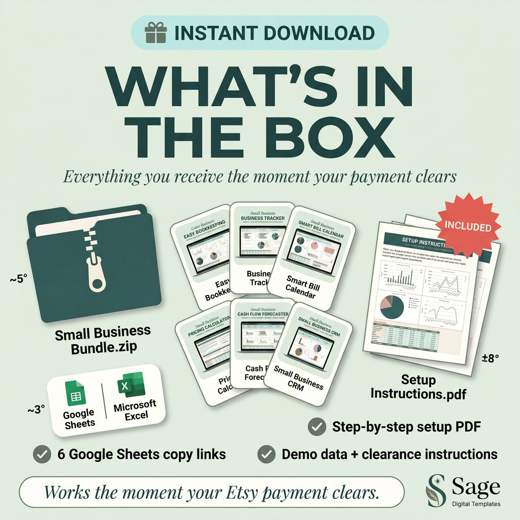Small Business Bundle: Bookkeeping, CRM, Inventory, Pricing, Bills, Cash Flow (Google Sheets, Excel)
