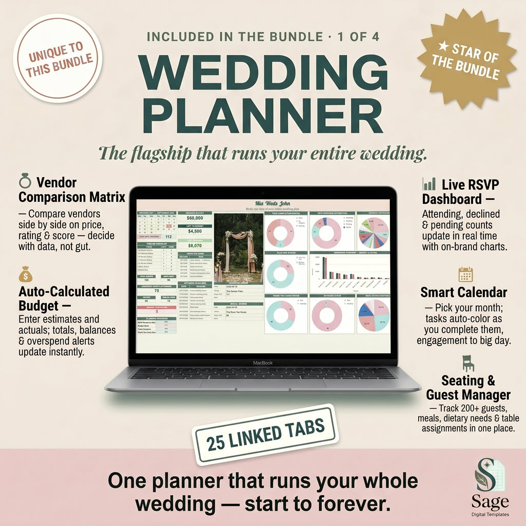 All in one wedding planner spreadsheet with budget tracker, vendor comparison matrix and guest list