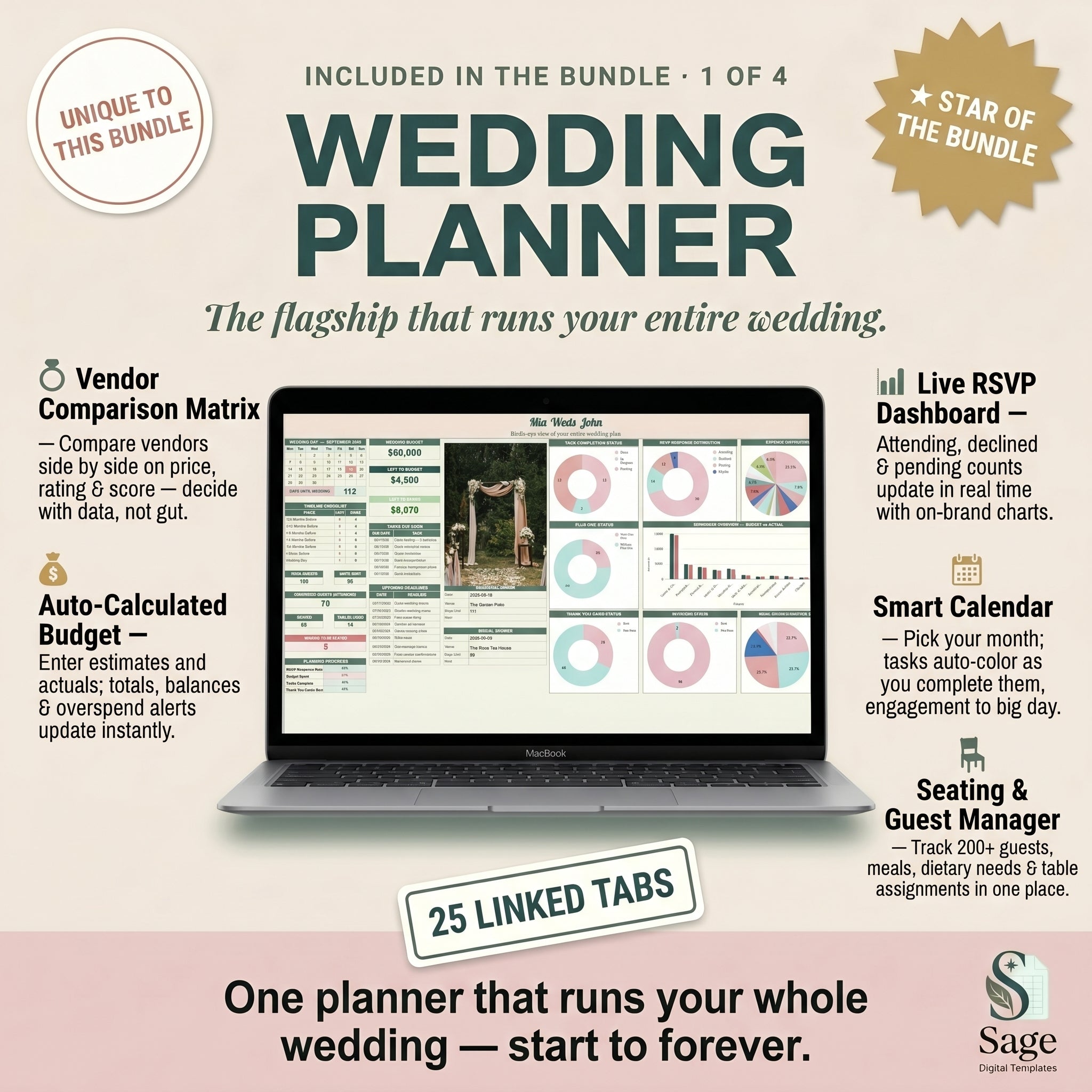 All in one wedding planner spreadsheet with budget tracker, vendor comparison matrix and guest list