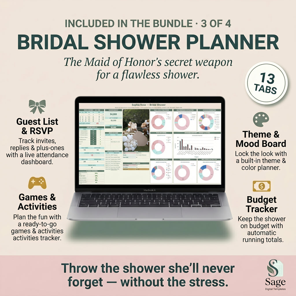 Bridal shower planner spreadsheet with guest list, games and budget tracker