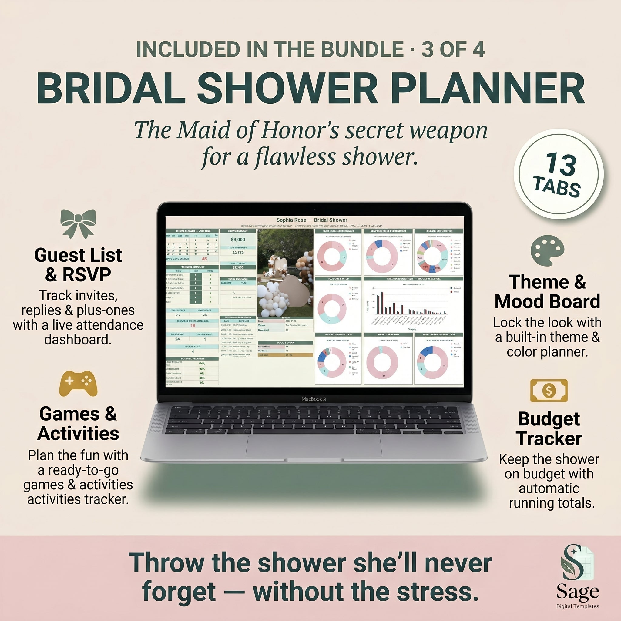 Bridal shower planner spreadsheet with guest list, games and budget tracker