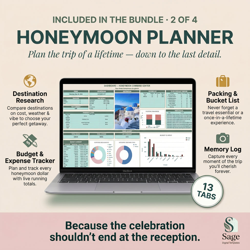 Honeymoon planner spreadsheet with destination research and travel budget tracker