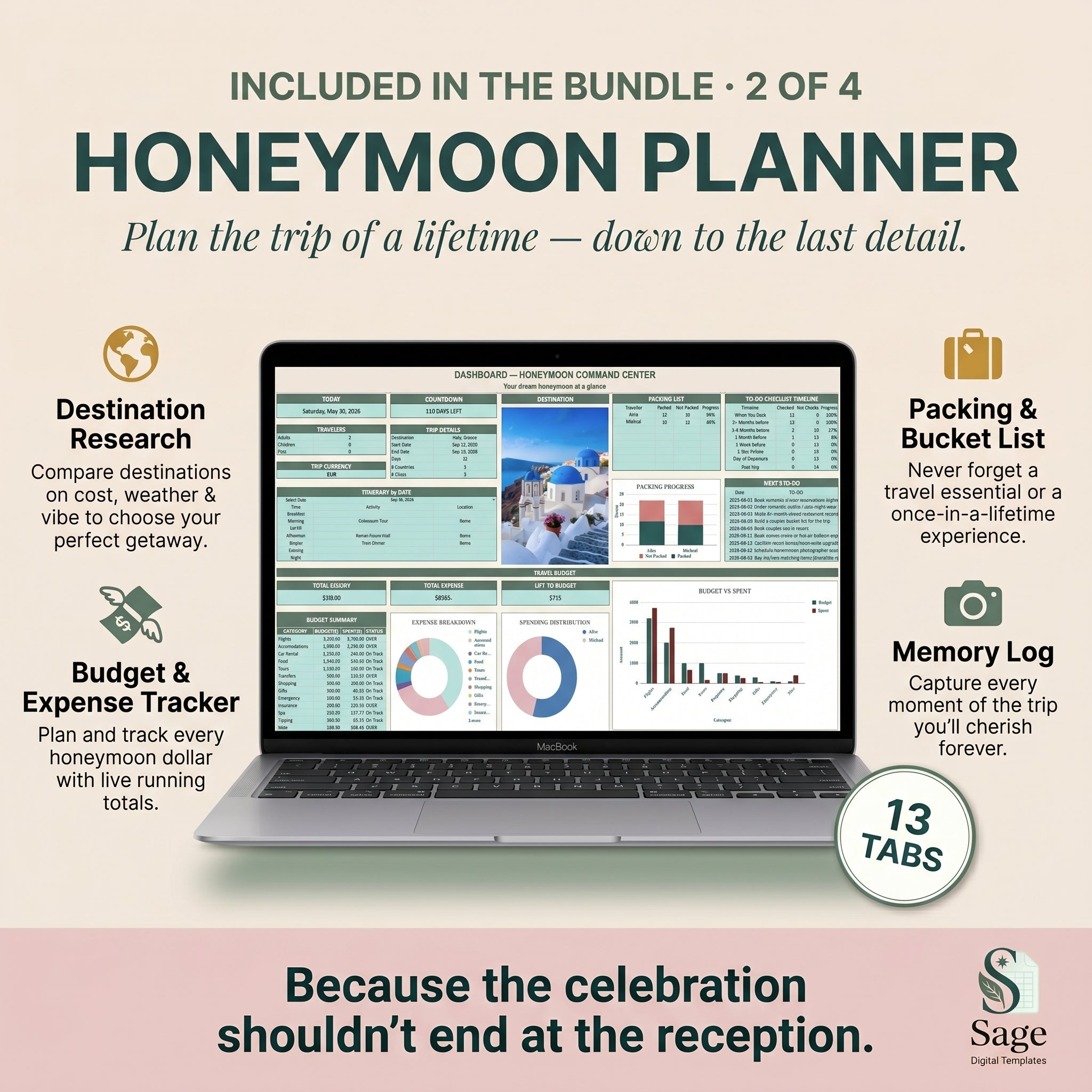 Honeymoon planner spreadsheet with destination research and travel budget tracker