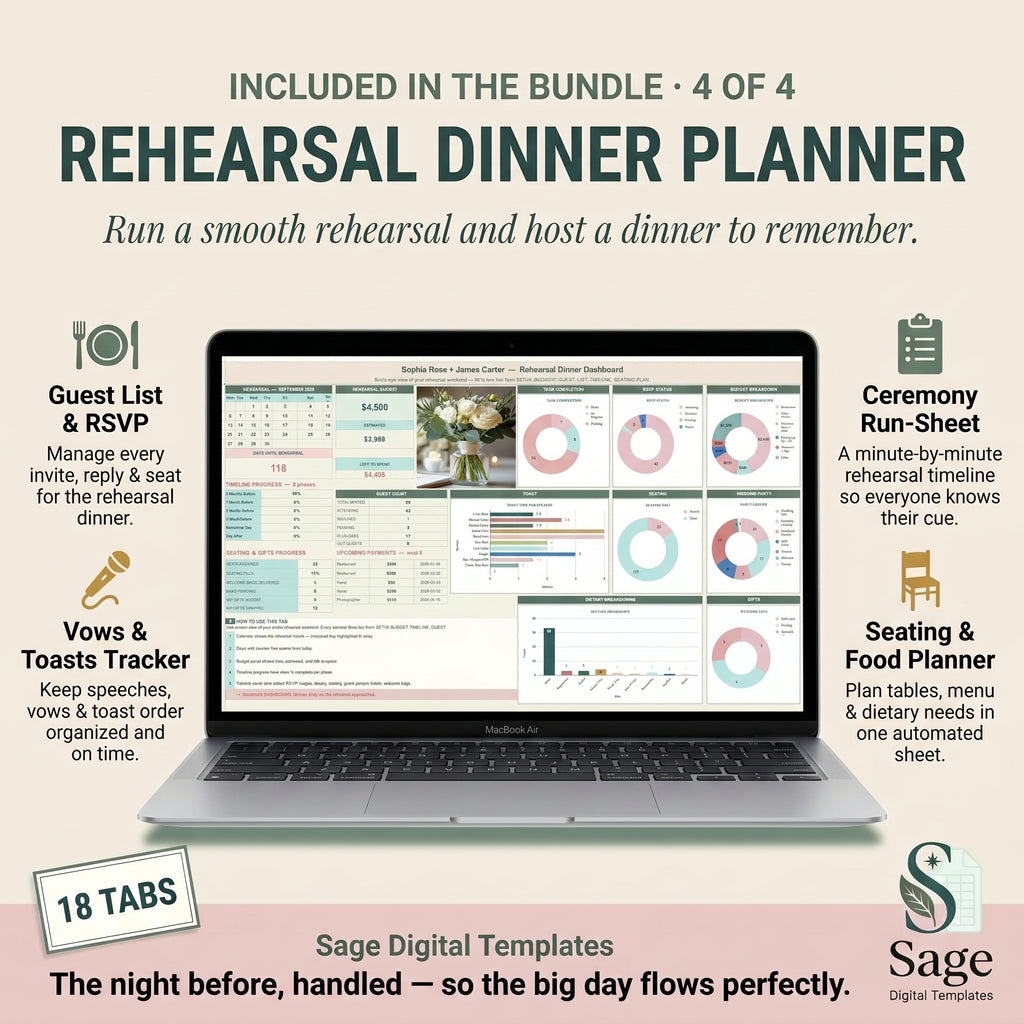Rehearsal dinner planner spreadsheet with seating plan and ceremony run-sheet