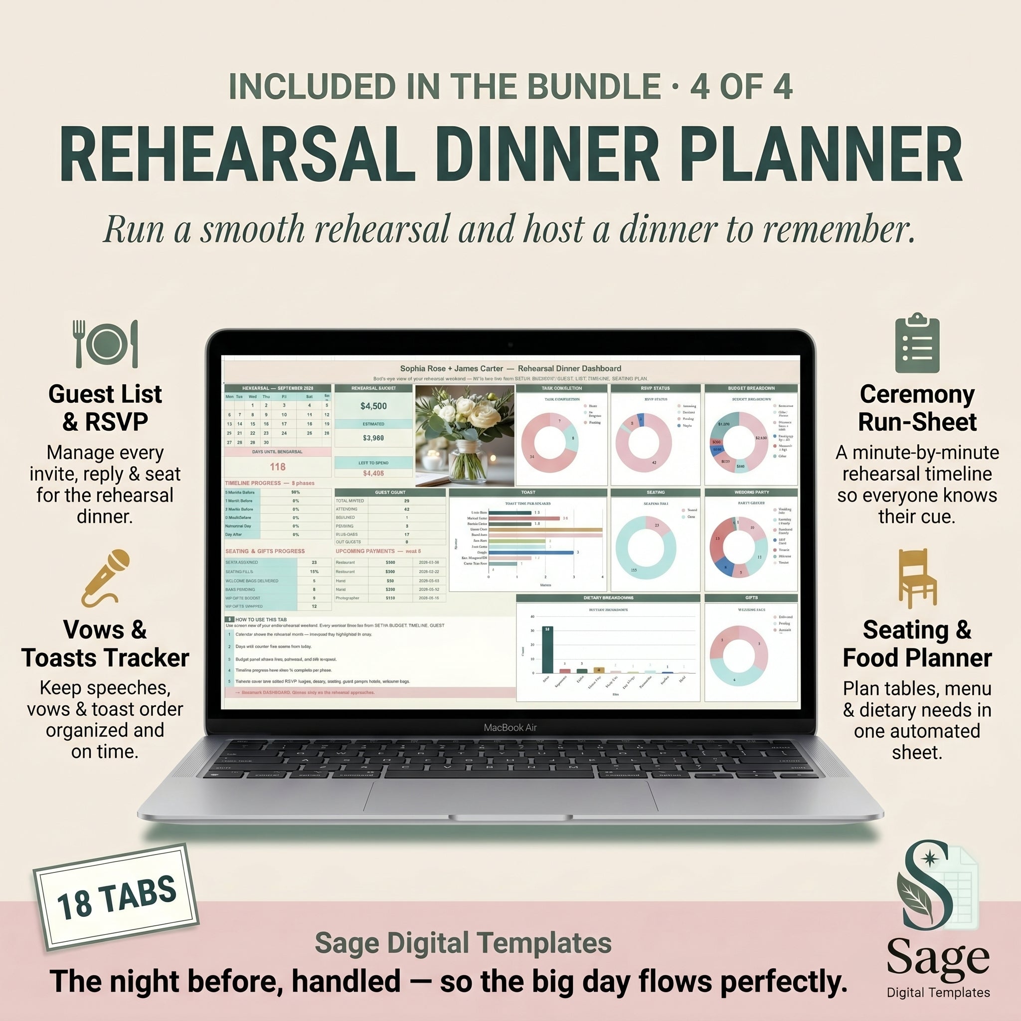 Rehearsal dinner planner spreadsheet with seating plan and ceremony run-sheet