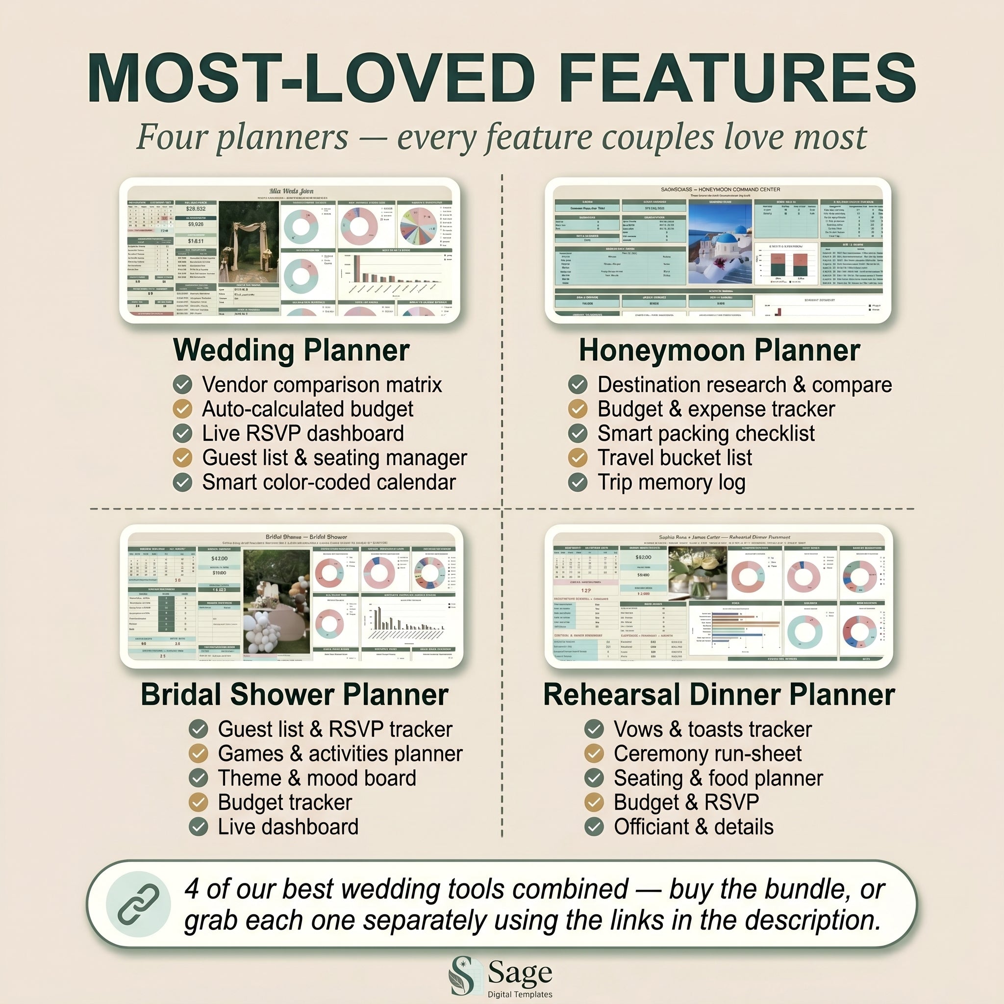 Wedding planner bundle features — budget tracker, guest list, RSVP dashboard and seating chart
