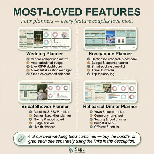 Wedding planner bundle features — budget tracker, guest list, RSVP dashboard and seating chart