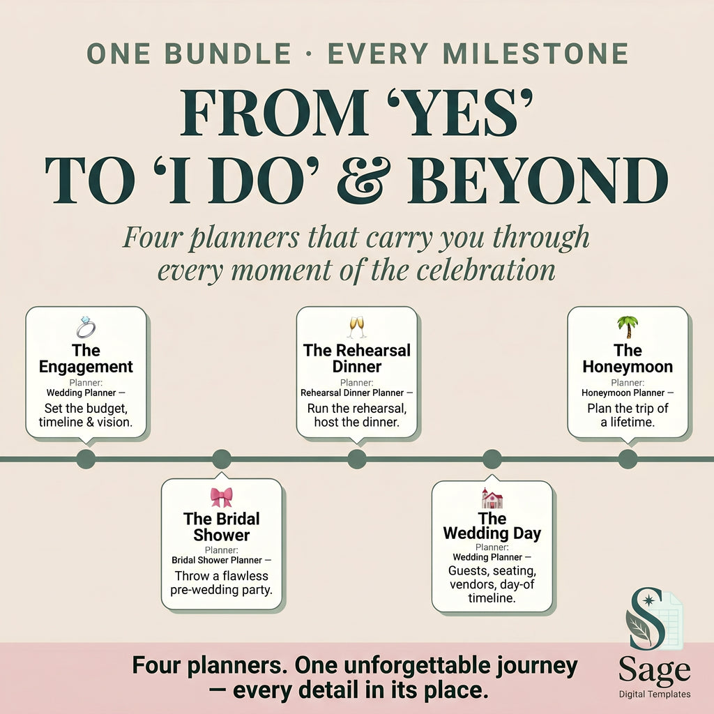 Wedding planning timeline from engagement to bridal shower, rehearsal dinner, wedding day and honeymoon
